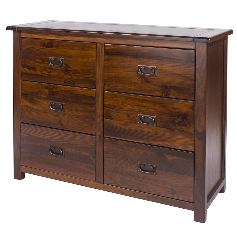 image 1 of Boston 3+3 Drawer Wide Chest - Rich Dark Brown Lacquer Solid Wood Bedroom Storage with Brass Handles | Brown | Brown | 1