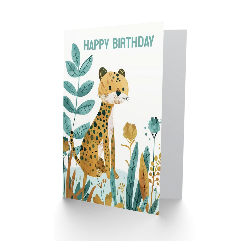image 1 of Cute Jungle Plants Fun Kids Girl Boy Cheetah Child Kids Birthday Card