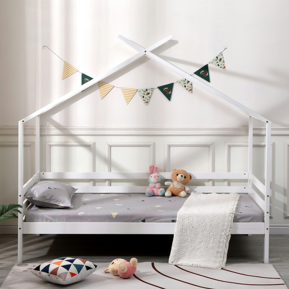 image 1 of Teddy Kids Childrens White Wooden House Treehouse Single Bed Frame (Single) | White | White | Single