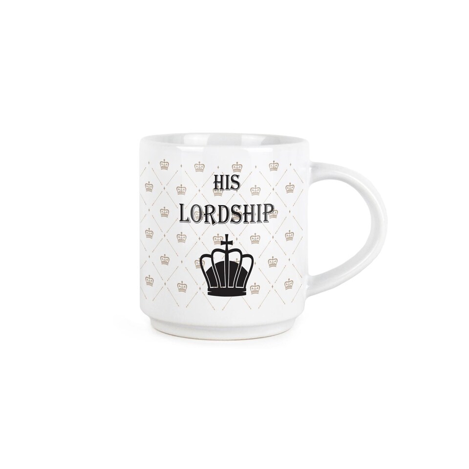 image 1 of Lady & Lordship Stacking Mugs Set - Regal Gifts for Couples Ceramic Cups Set of 2 with Metal Stand | White
