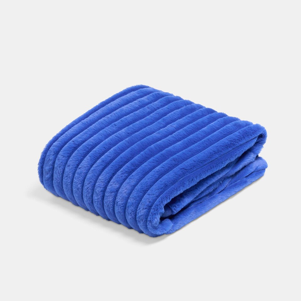 image 1 of OHS Faux Fur Ribbed Fleece Throw Over Bed Blanket Winter Warm Supersoft - 125 x 150cm | Blue | Cobalt Blue