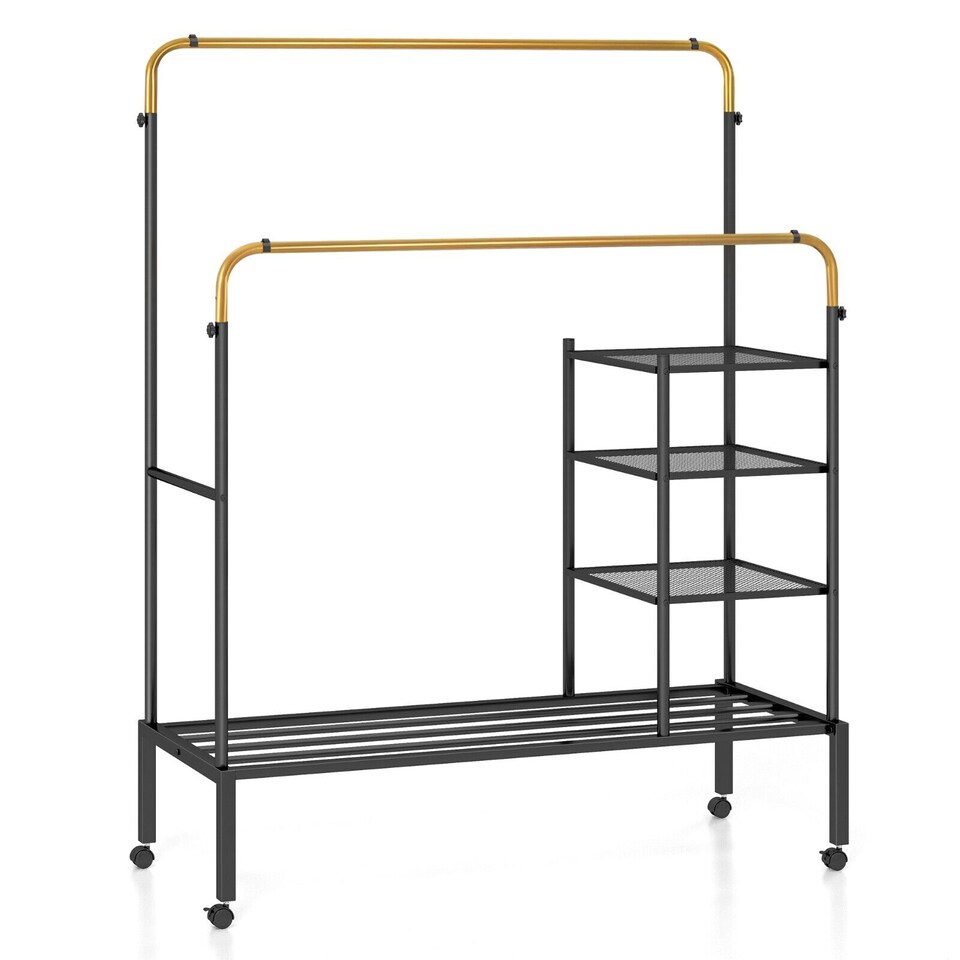 image 1 of COSTWAY Rolling Clothes Drying Rack Adjustable Double Rods Garment Rack Golden