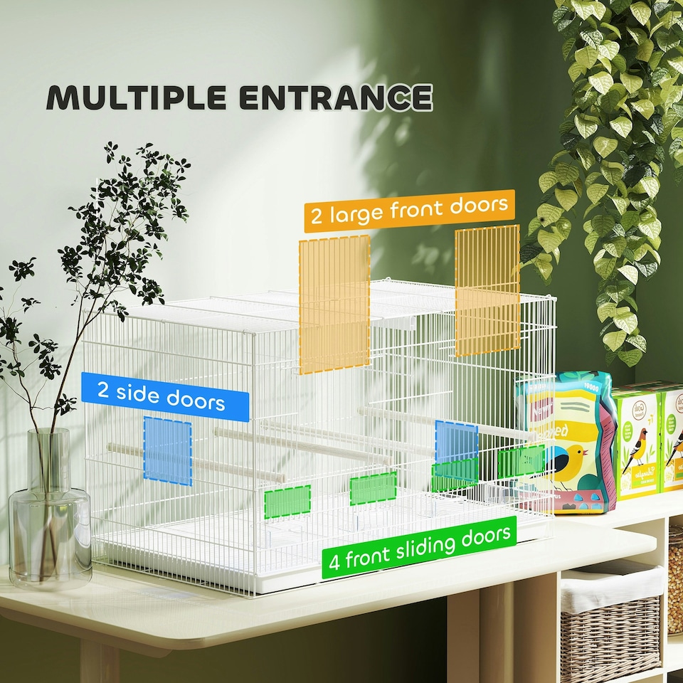 image 1 of PawHut Bird Cage with Divider, 4 Wooden Perches, Slide Out Tray, White
