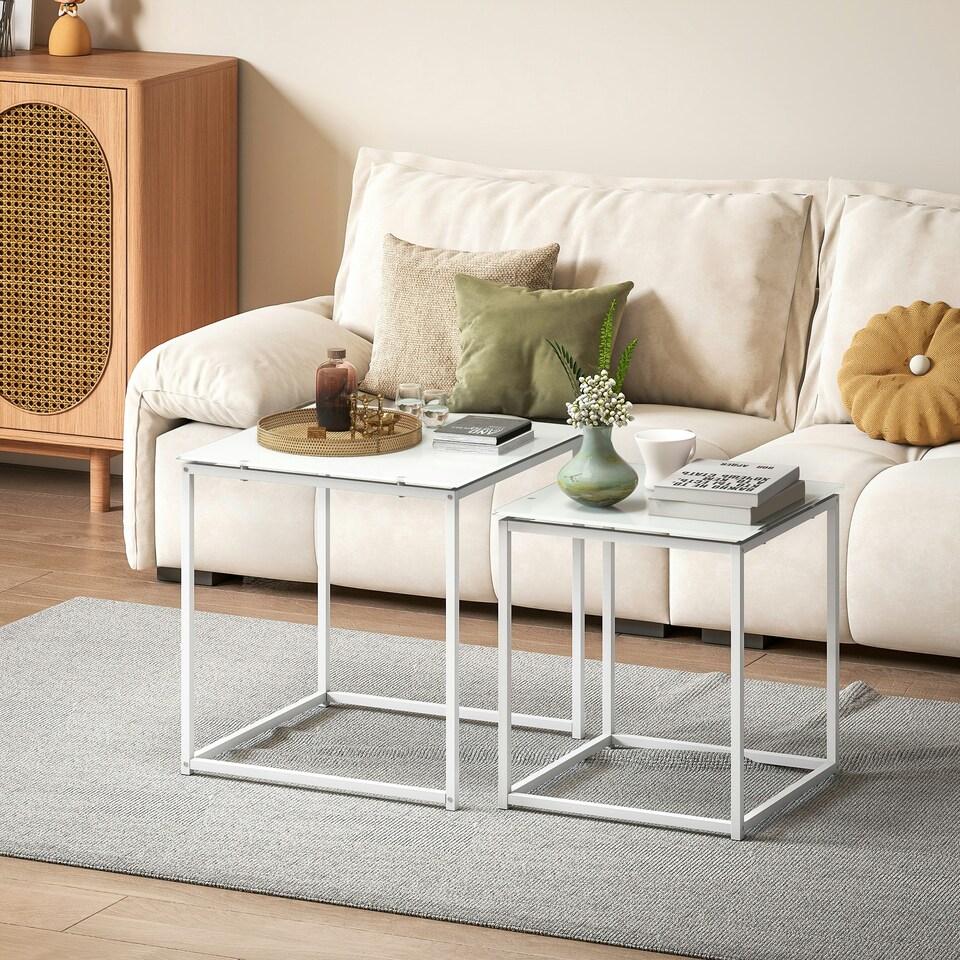 image 1 of HOMCOM Nest of 2 Side Tables Set of Bedside Tables for Living Room White White