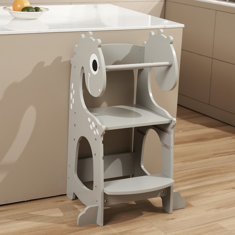 image 1 of Kidoz Toddler Learning Tower - Kitchen Helper with Safety Rail - Dinosaur Grey