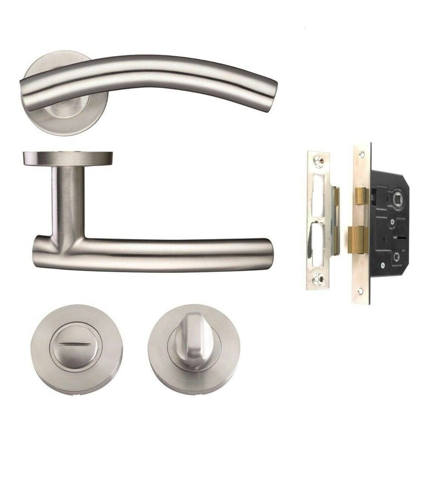Golden Grace Arched T-Bar Bathroom Door Handle Lever on Round Rose Furniture in Stainless Steel Finish with Screws and Fixings | Grey | 1 Set
