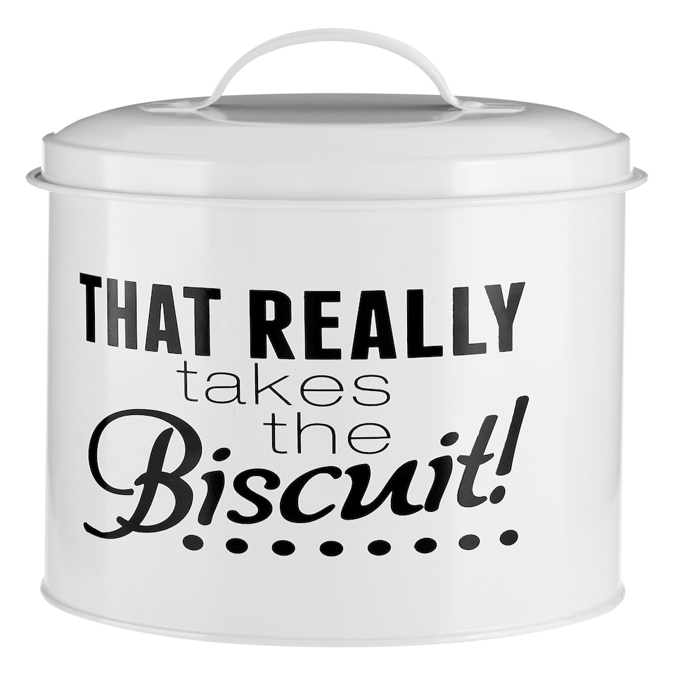 image 1 of Interiors by Premier White Biscuit Canister, Fun Metal Storage Jar With Humorous Print And Lid, Ideal For Storing Biscuits,