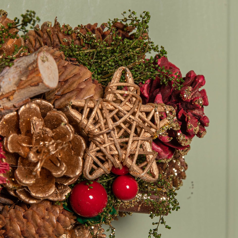 image 1 of 35cm Red Hanging Star Christmas Wreath with Red Berries and Pinecones