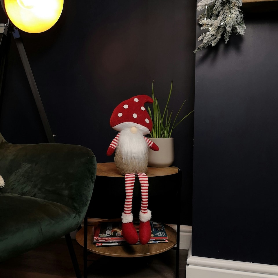 image 1 of 53cm Stripey Red Plush Sitting Christmas Boy Gonk with Dangly Legs and Mushroom Hat