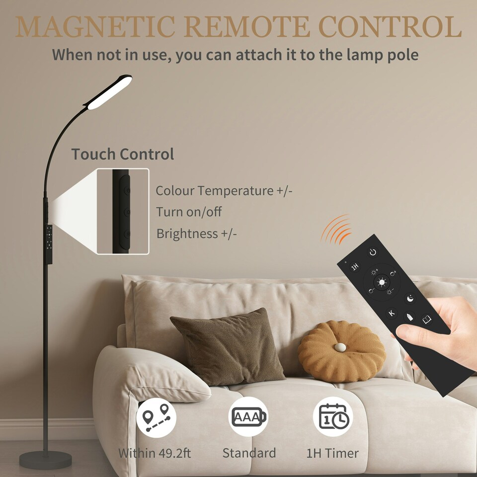 image 1 of HOMCOM LED Floor Lamp for Living Room with Magnetic Remote Control, Black Black