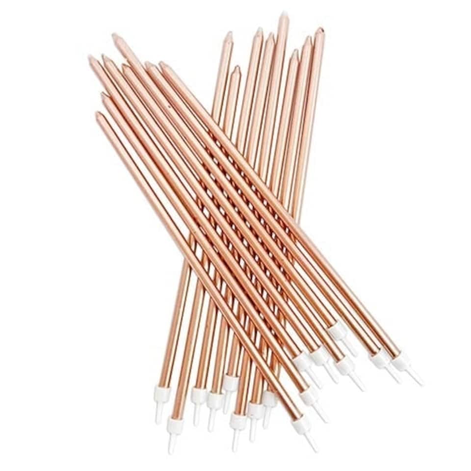 Metallic Rose Gold Extra Tall Cake Candles With Holders 18cm - Pack of 16