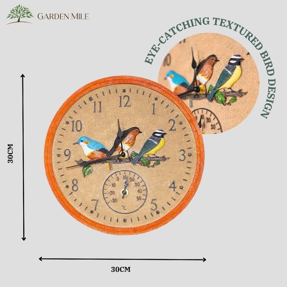 image 1 of Marco Paul 30cm Multicoloured Bird Design Clock and Thermometer Multi