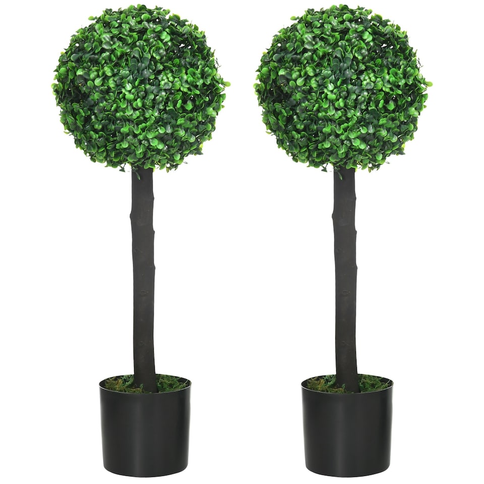 image 1 of HOMCOM Set of 2 Decorative Artificial Trees, Topiary Ball-shaped Boxwood Trees in Pot, Fake Plants for Home Indoor outdoor Decor, 60cm, 1 Tree Balls