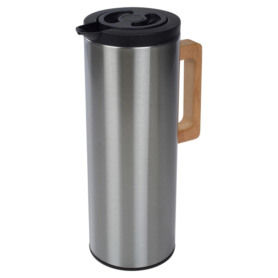 image 1 of 1L Thermal Vacuum Jug Carafe Double Wall Insulated Stainless Steel Wooden Handle