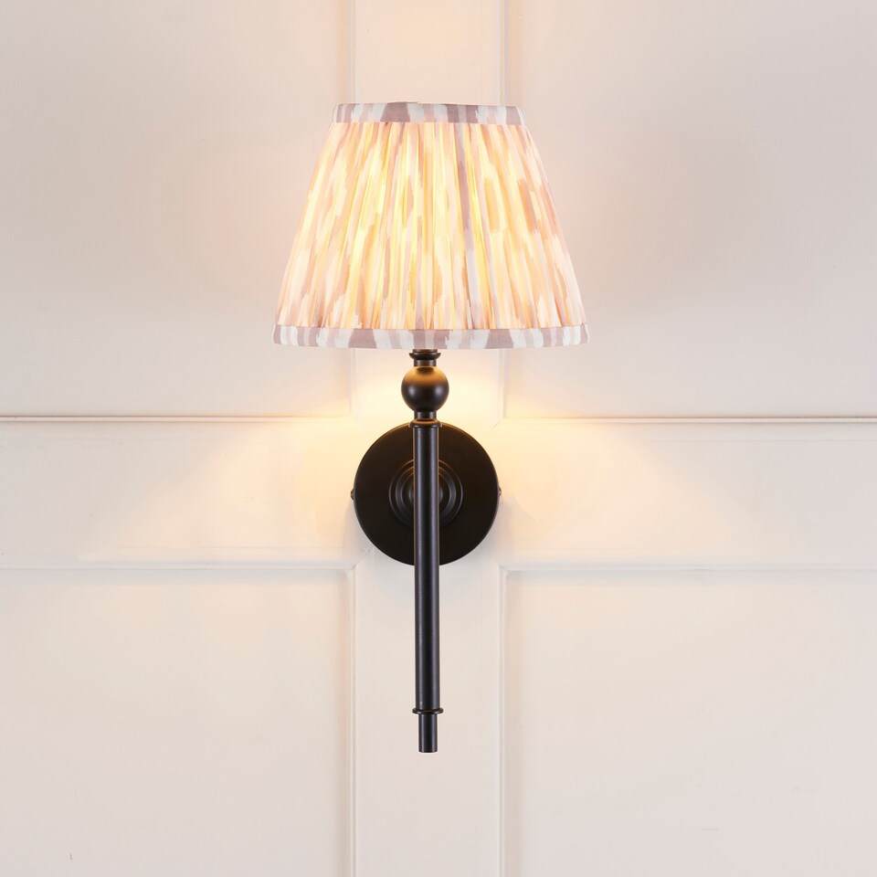 image 1 of Lille Matt Black Wall Light with Neutral Print Fabric Ikat Shade 20cm B22