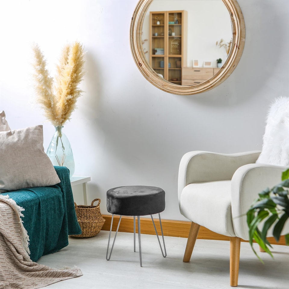image 1 of Harbour Housewares Velvet Footstool - Round Modern Dressing Table Footstool Vanity Seat Chairs - 40 x 35cm - Black/Silver | Black | Black/Silver | Pack of 1 | 1