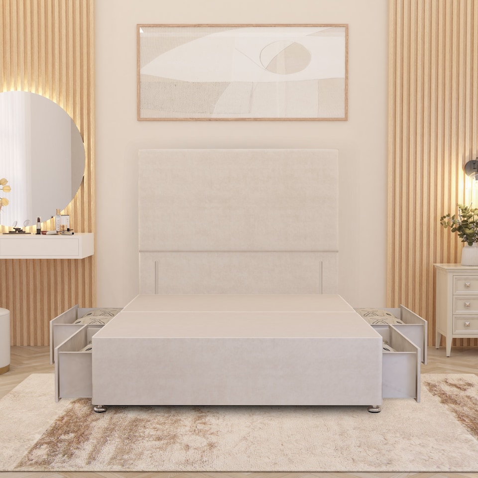 image 1 of Divan Bed Base with 4 Drawers & Plain Floor Standing Headboard Plush Velvet | White | White