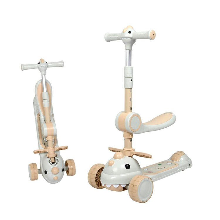 Dekko Foldable Kids Scooter Flip-Able Seat Adjustable Height Led Light Beige
