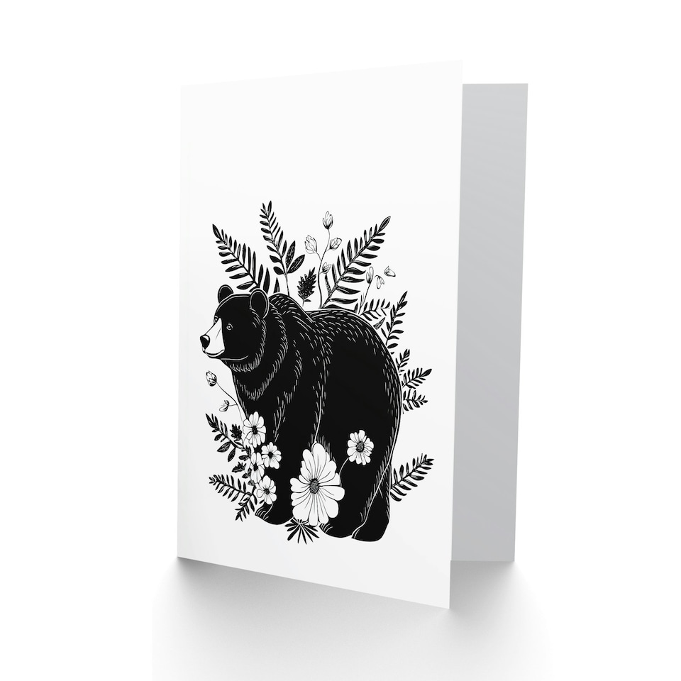 image 1 of Grizzly Bear and Wildflowers Black White Folk Art Birthday Greeting Card