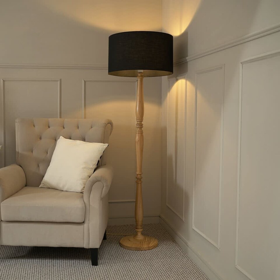 image 1 of ValueLights Victoria Light Wood Floor Lamp Black Shade and Bulb