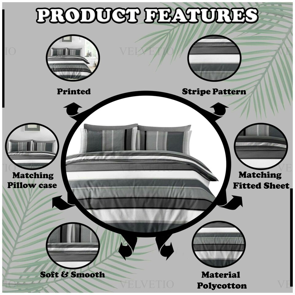 image 1 of VELVETIO Francis Stripe Complete Duvet Cover Set with Fitted Sheet Soft Polycotton Bedding Sets Grey | Single