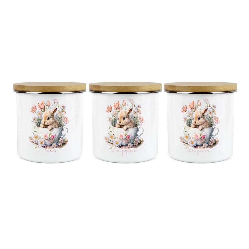 image 1 of Teacup Bunny Tea, Coffee & Sugar Large Kitchen Canisters - Set of 3