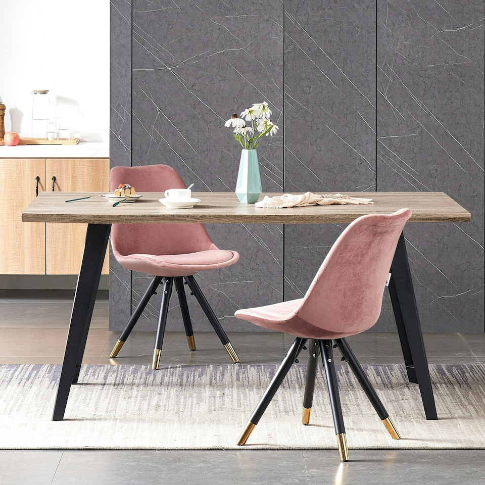 image 1 of Set of 2 Sofia Ergonomic Modern Dining Chairs Upholstered in Velvet, Metal Legs with Gold End Tips Pink