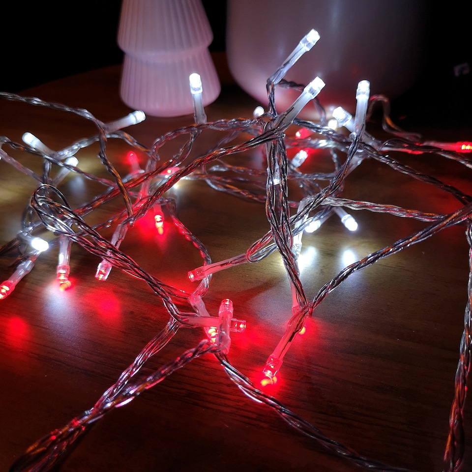 image 1 of 200 LED 16m Christmas Outdoor Function Lights Timer Clear Cable in Red & White