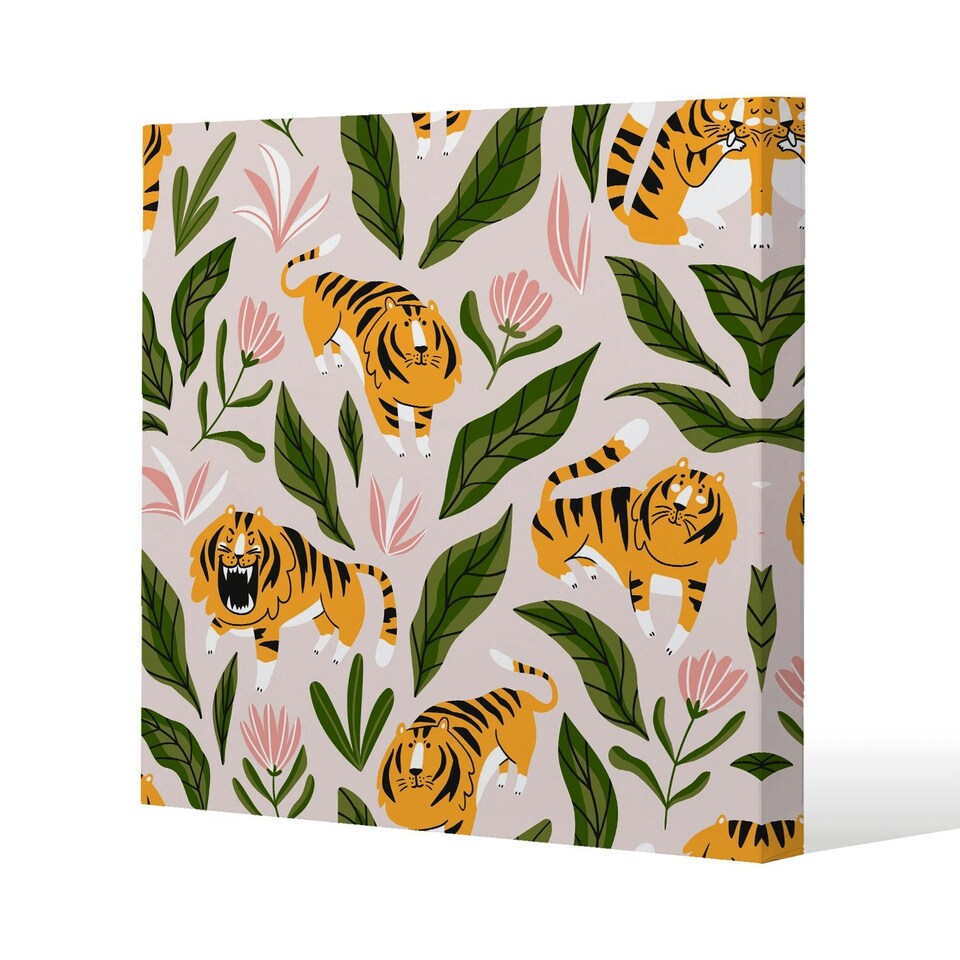 image 1 of cute tigers and tropical leaves and flowers (Canvas Print) 77 x 77 x 4cm