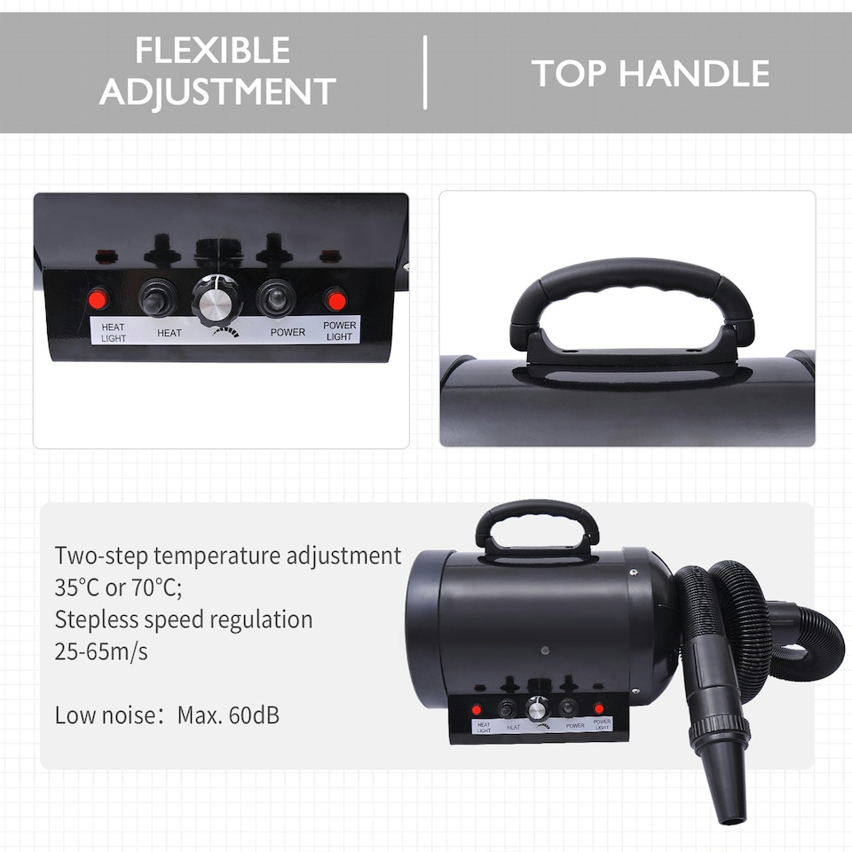 image 1 of PawHut 2800W Dog Hair Dryer Pet Grooming Blaster Blower Dryer 3 Nozzles, Black
