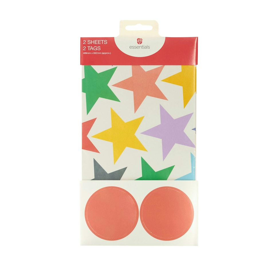 image 1 of Multipack of 6 Sheets of Wrapping Paper & 6 Tags | Birthdays | For Him/Her | Retro Stars Design White