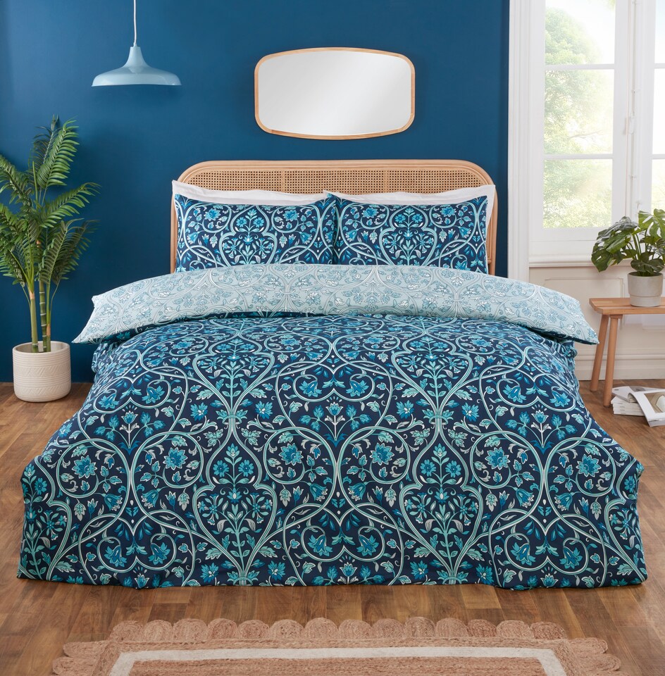 image 1 of Harrow Microfibre Floral Reversible Duvet Cover Set with Pillowcase | Blue | King
