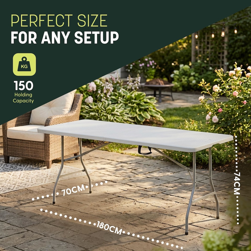 image 1 of Keplin 6ft Folding Table 180x70cm Waterproof Sturdy Metal Frame Portable