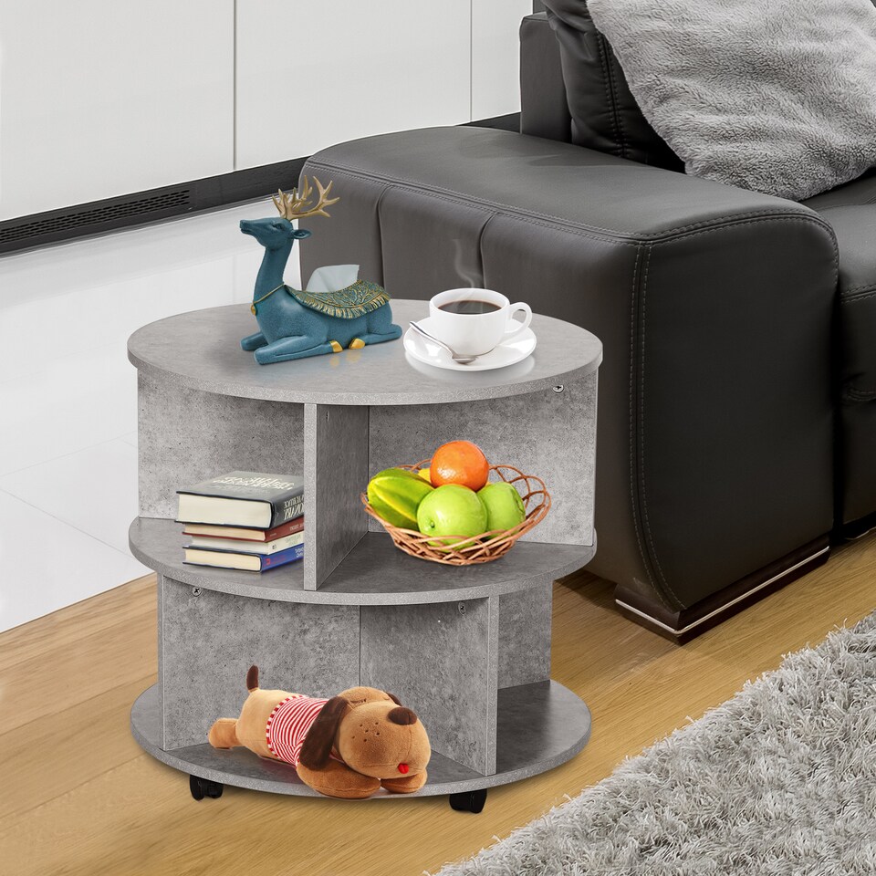 image 1 of HOMCOM Round Coffee Table, Movable Centre Table with Divided Shelves and Rolling Wheels, 3 Tier Living Room Table, Cement Colour | Grey