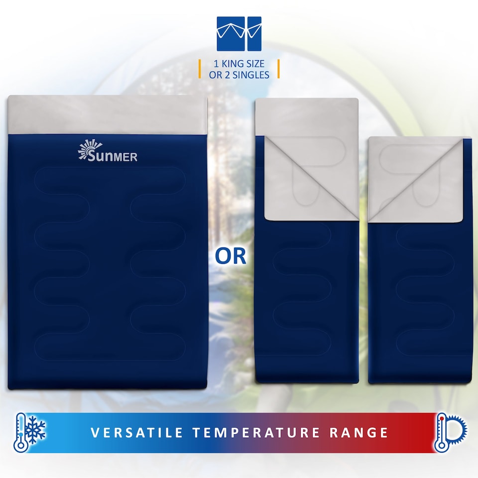 image 1 of SUNMER Double Sleeping Bag - Converts to 2 Singles - 4-Season 300GSM - Navy