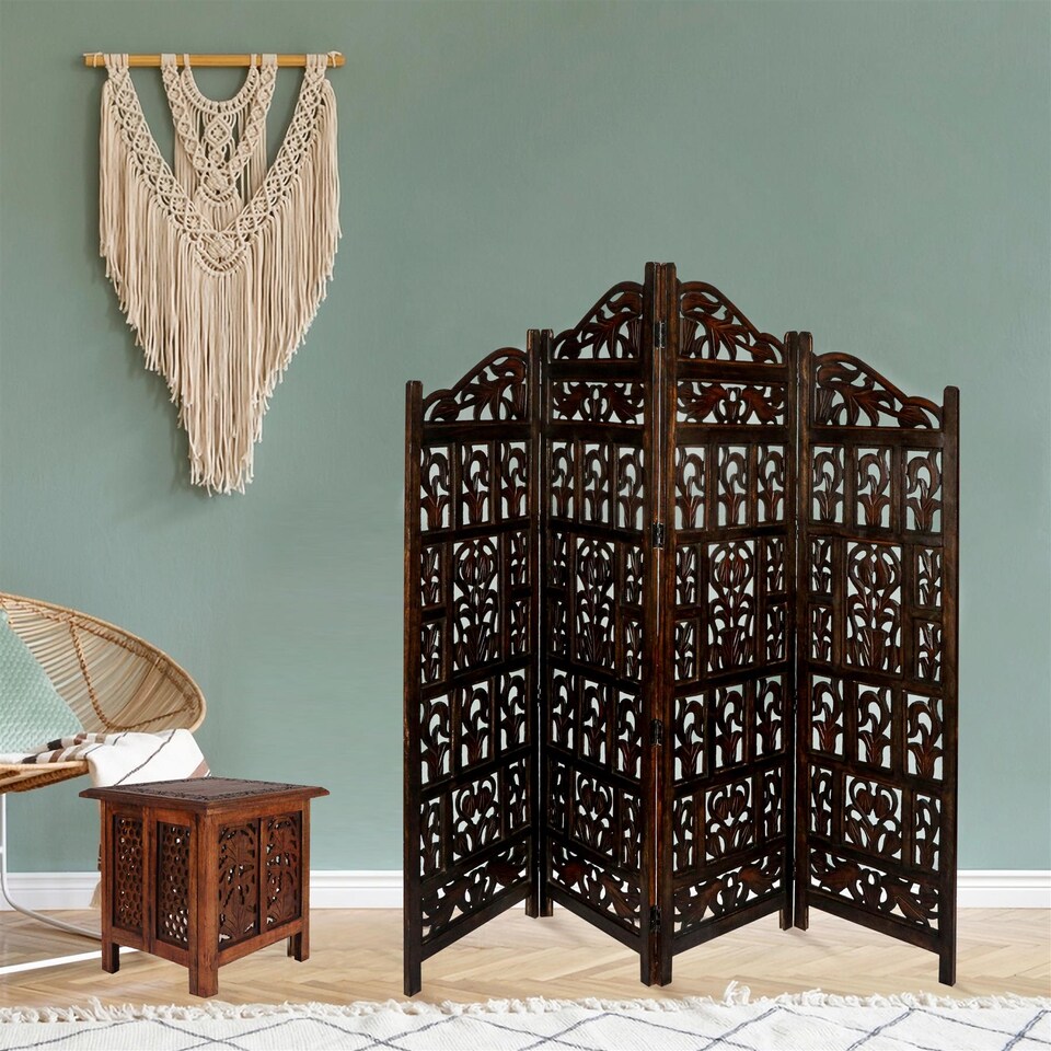 image 1 of 4 Panel Heavy Duty Carved  Screen Wooden Gamla Design Room Divider Dark Brown 200 x 180 cm | Brown | Dark Brown | 200 x 180 cm