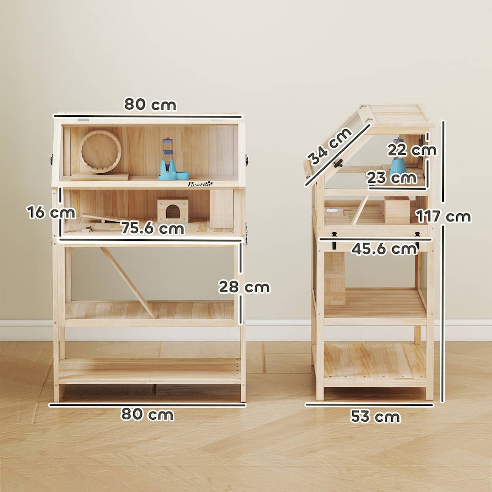 image 1 of PawHut Wooden Hamster Cage, 3 Tier Small Animal Cage with Detachable Lower Floor, Storage Shelf, Hut, Seesaw, Exercise Wheel, Ramps, Hamster Habitat for Dwarf, Gerbil, 80L x 53W x 117H cm, Natural