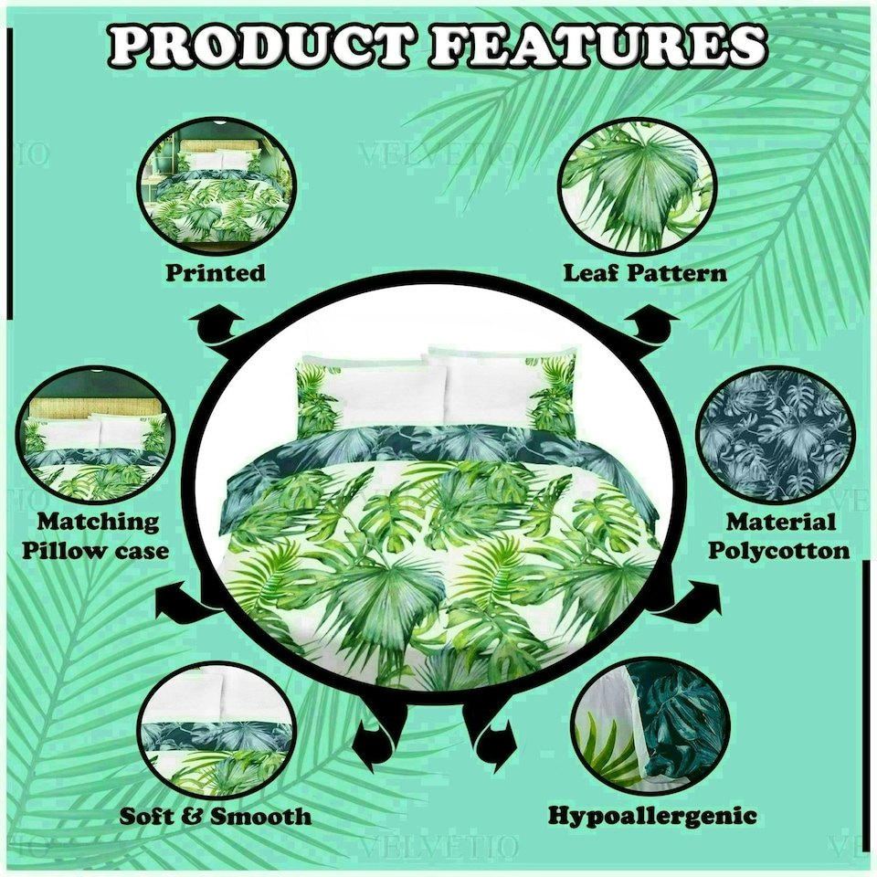 image 1 of Tropical Leaf Printed Duvet Cover Set Reversible Polycotton Beddings Multi | King