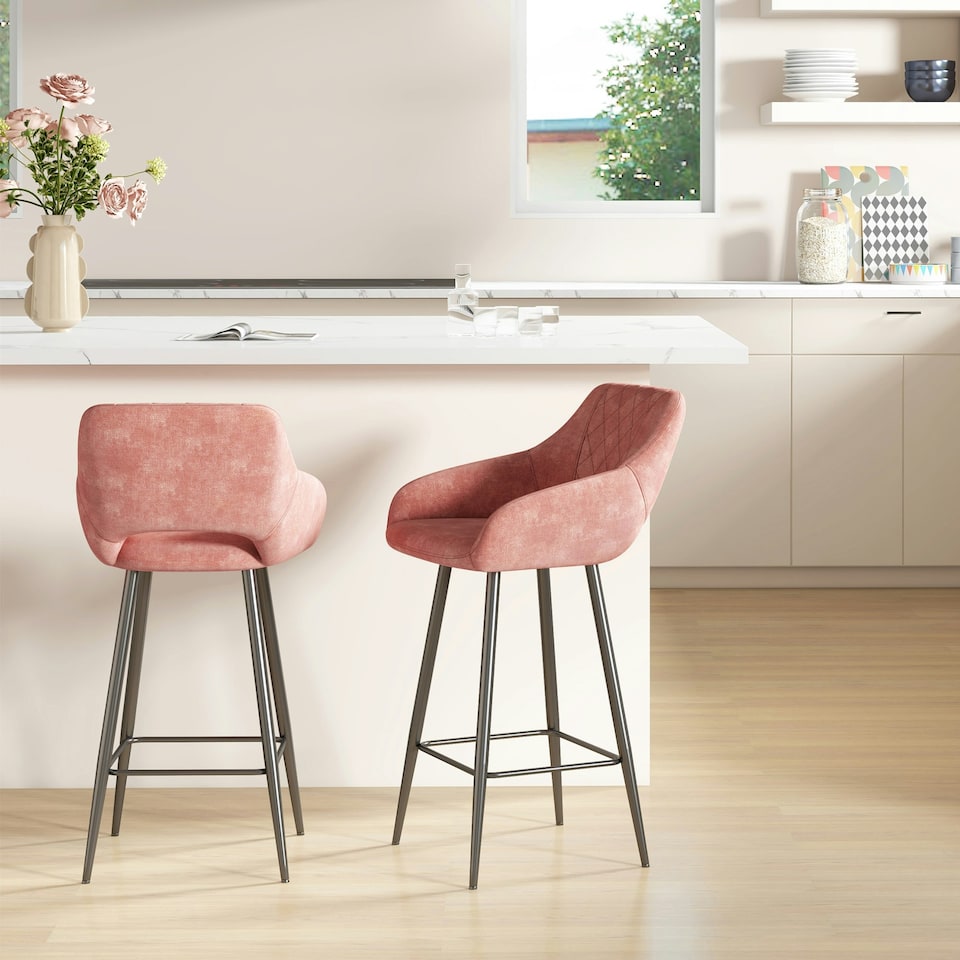 image 1 of HOMCOM Bar Stools Set of 2, Velvet-Touch Fabric Counter Height Bar Chairs Pink
