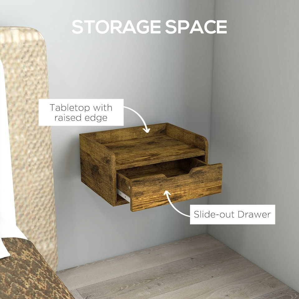 image 1 of HOMCOM Floating Nightstand Set of 2, Nightstand with Drawer, Rustic Brown
