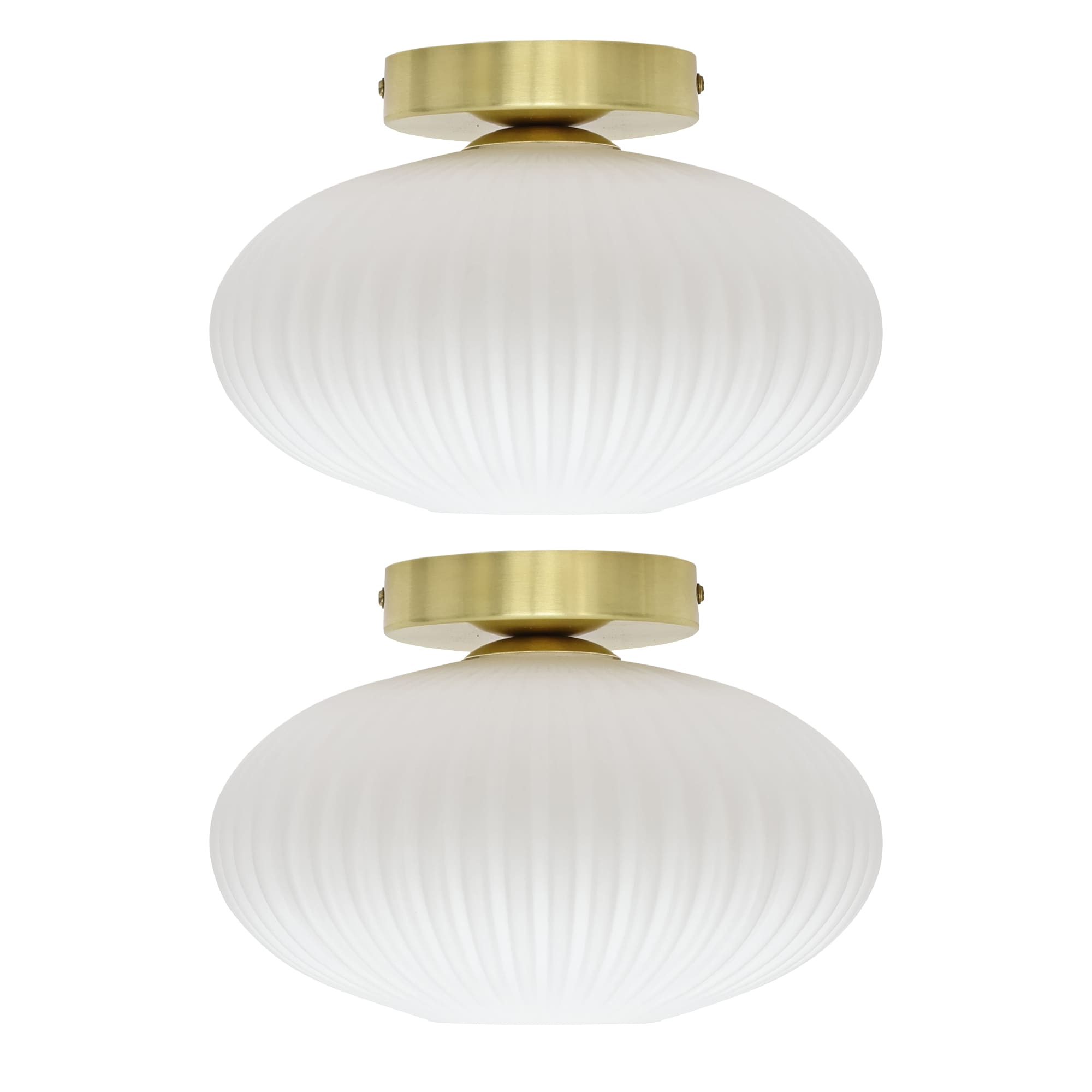 First Choice Lighting Set of 2 Baton - White Ribbed Oval Glass Satin Brass Ceiling Lights