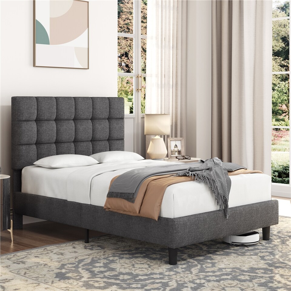 image 1 of Yaheetech 120 x 190 cm Small Double Upholstered Bed Frame-Dark Grey