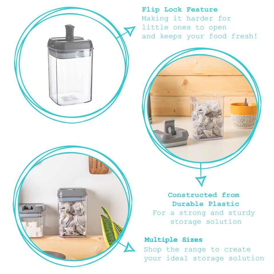 image 1 of Argon Tableware 5pc Food Storage Containers Set - Grey Airtight Plastic Storage Pantry Food Organiser with Flip Lock Lid 2 Sizes