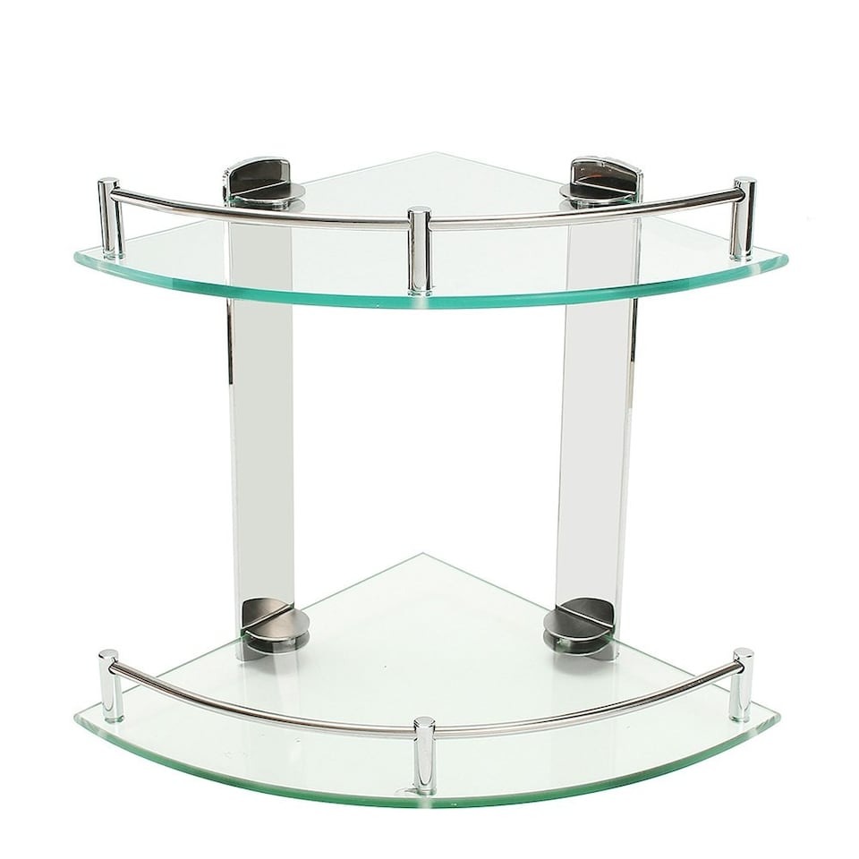 image 1 of Living and Home 2-Tier BathroomTempered Glass Corner Shelf Wall Mounted | Chrome