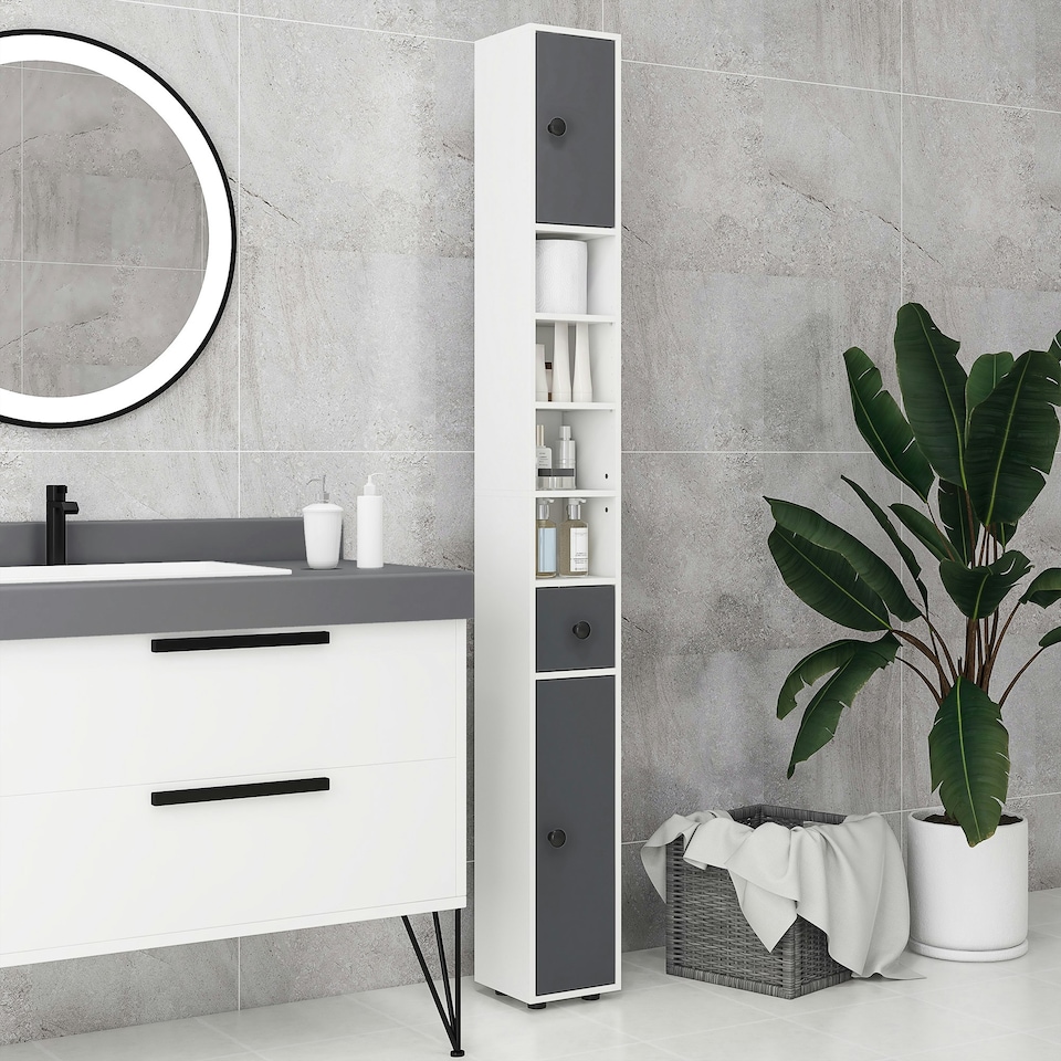 image 1 of kleankin Slim Bathroom Cabinet, Toilet Roll Storage w/ Open Shelves, Grey