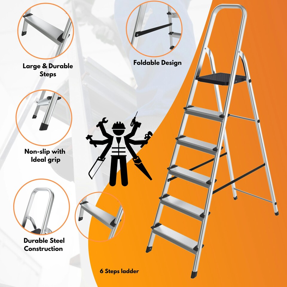 image 1 of Lightweight Step Ladders - Compact Aluminium Stepladder with Non-Slip Wide Step, Portable Silver Color - Tall Folding Ladder with Platform Silver | 2- Step 88cm
