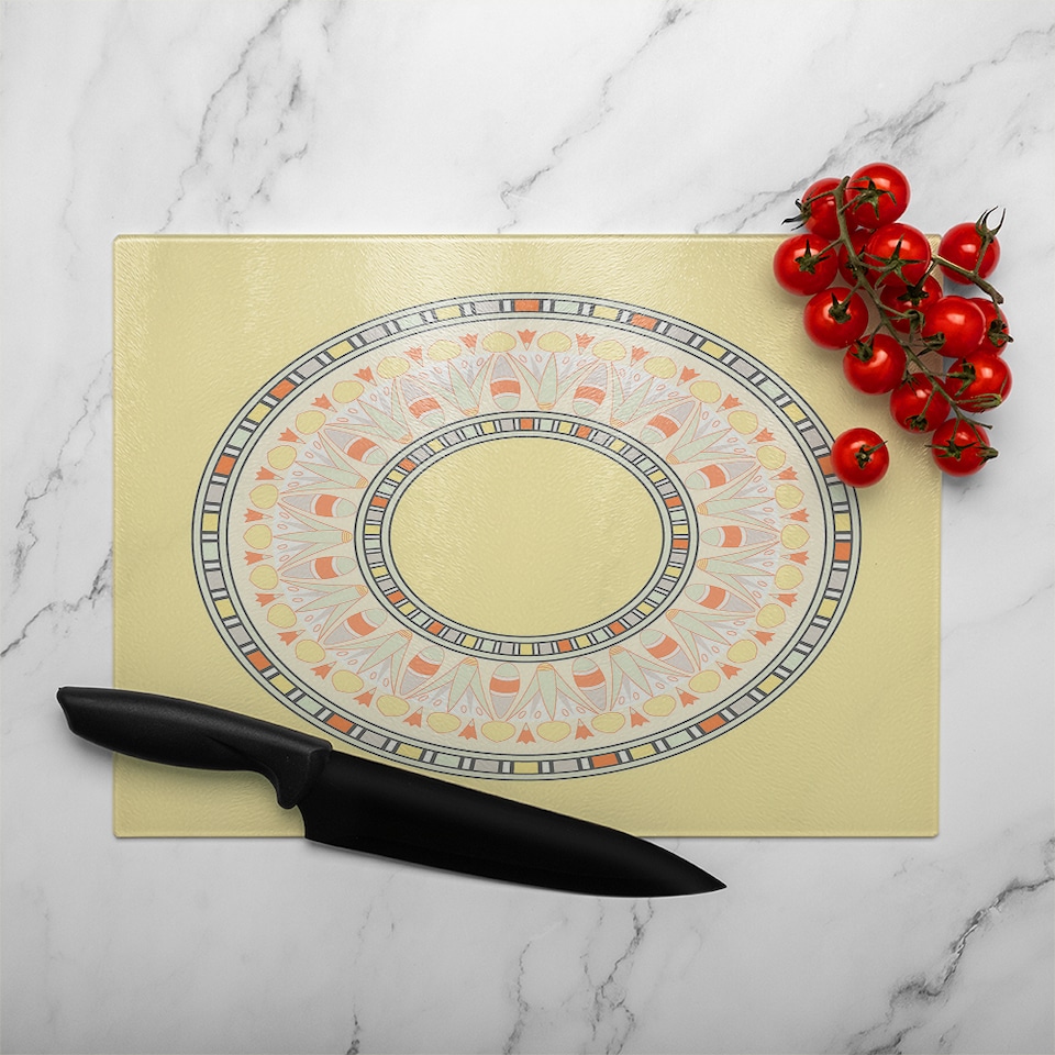 image 1 of Yellow Circle Ornament Round Frame Glass Chopping Board | Multi