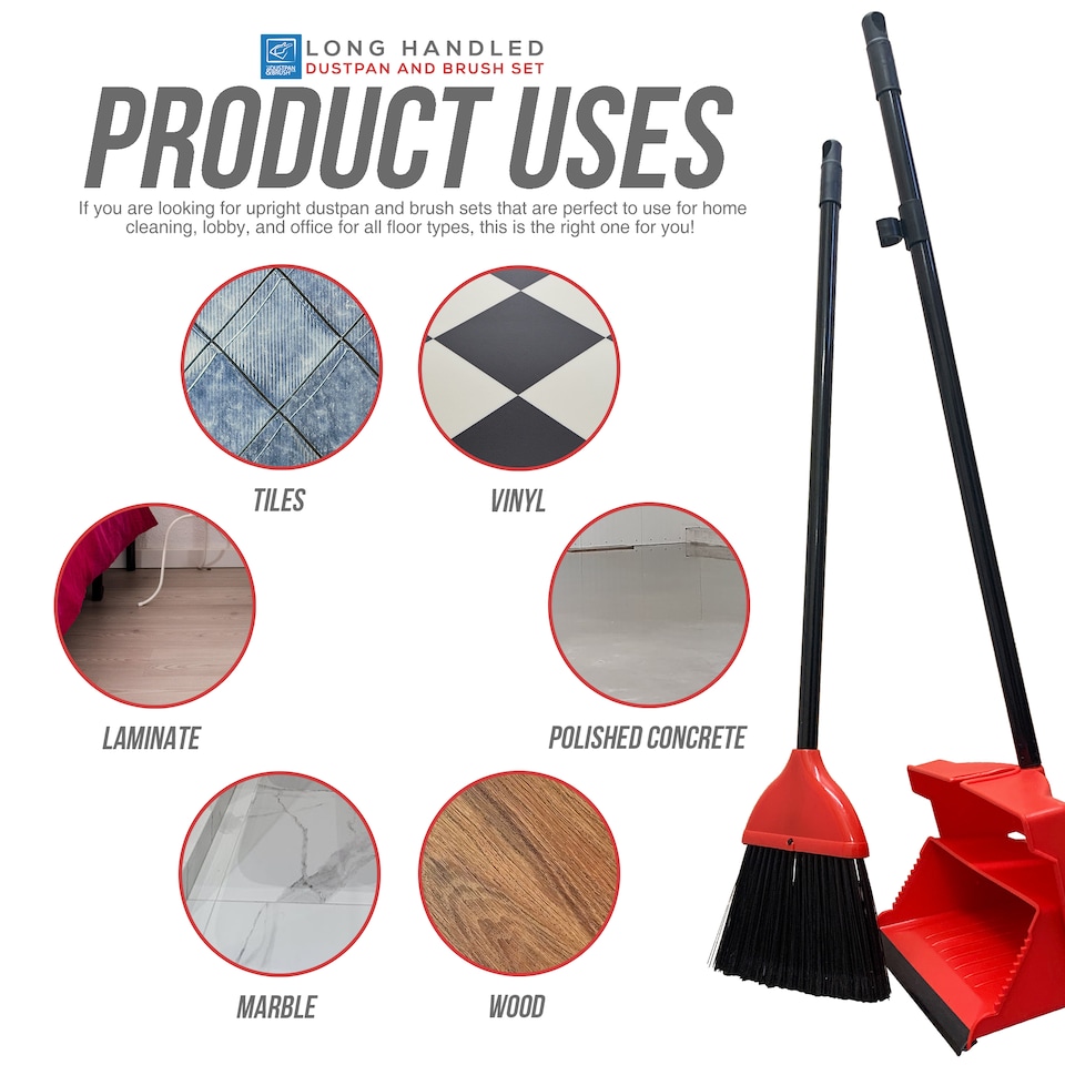 image 1 of Long Handled Dustpan and Brush Set Upright Sweeping Broom with Self Closing Lid