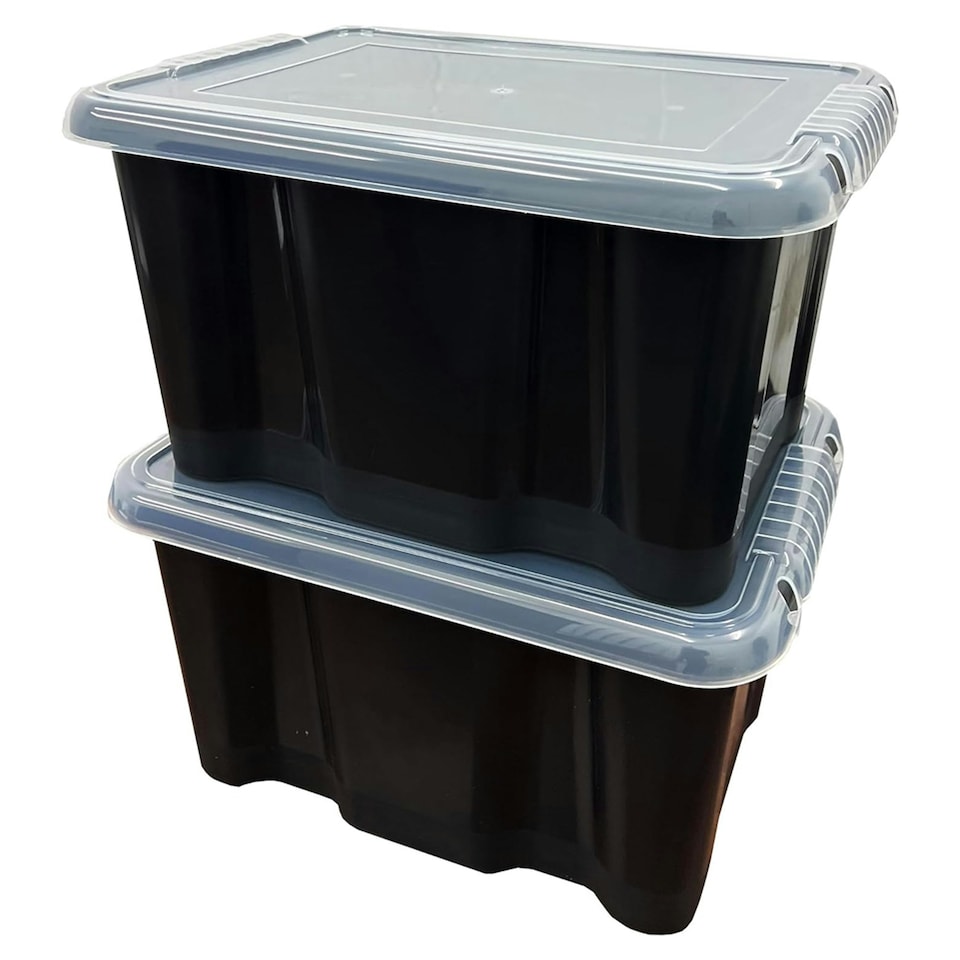 image 1 of 3 x Stackable 24 Litre Black Plastic Storage Containers With See Through Transparent Lids For Home/Office Black