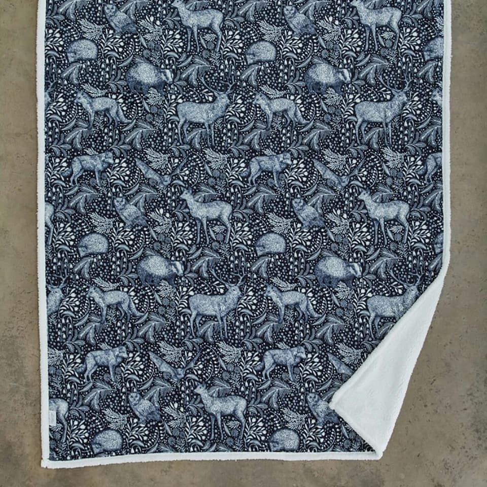 image 1 of Woodland Folk Forest Scene Flannel Throw with Sherpa Reverse – 140x180cm | Blue | Navy | 1